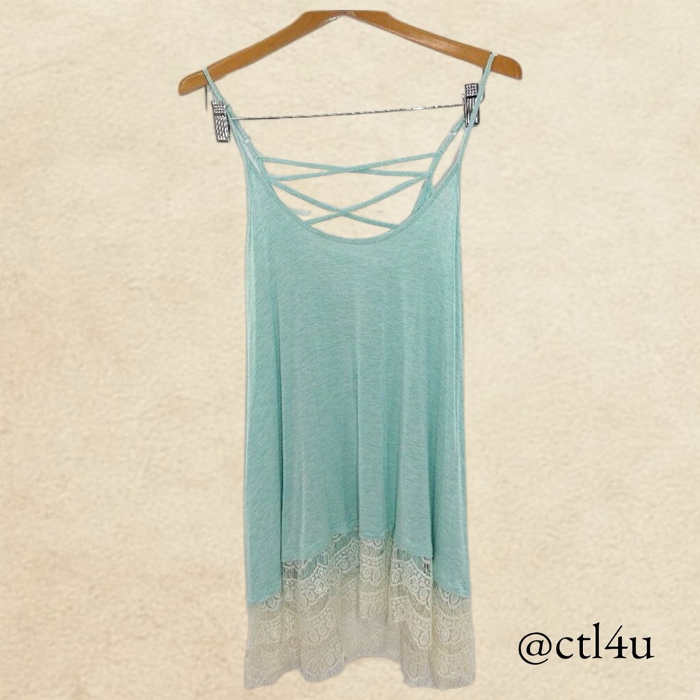 Vanity Sleeveless Soft Pastel Blue Green Criss Cross Lace Women's Size S